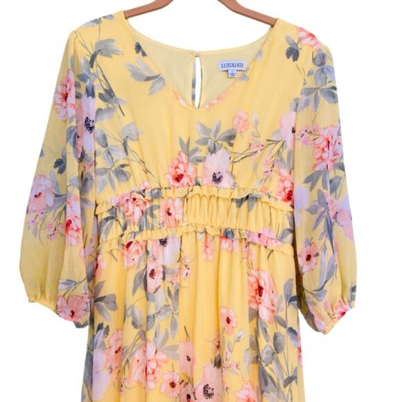 Luxology Floral Overlay V-neckline Flowy Maxi Dress Romantic Summer Size Small - Picture 2 of 12